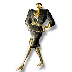 Vtg 80s Power Suit Fashion Figure Brooch Black Gold Enamel Runway Lady Pin 3”